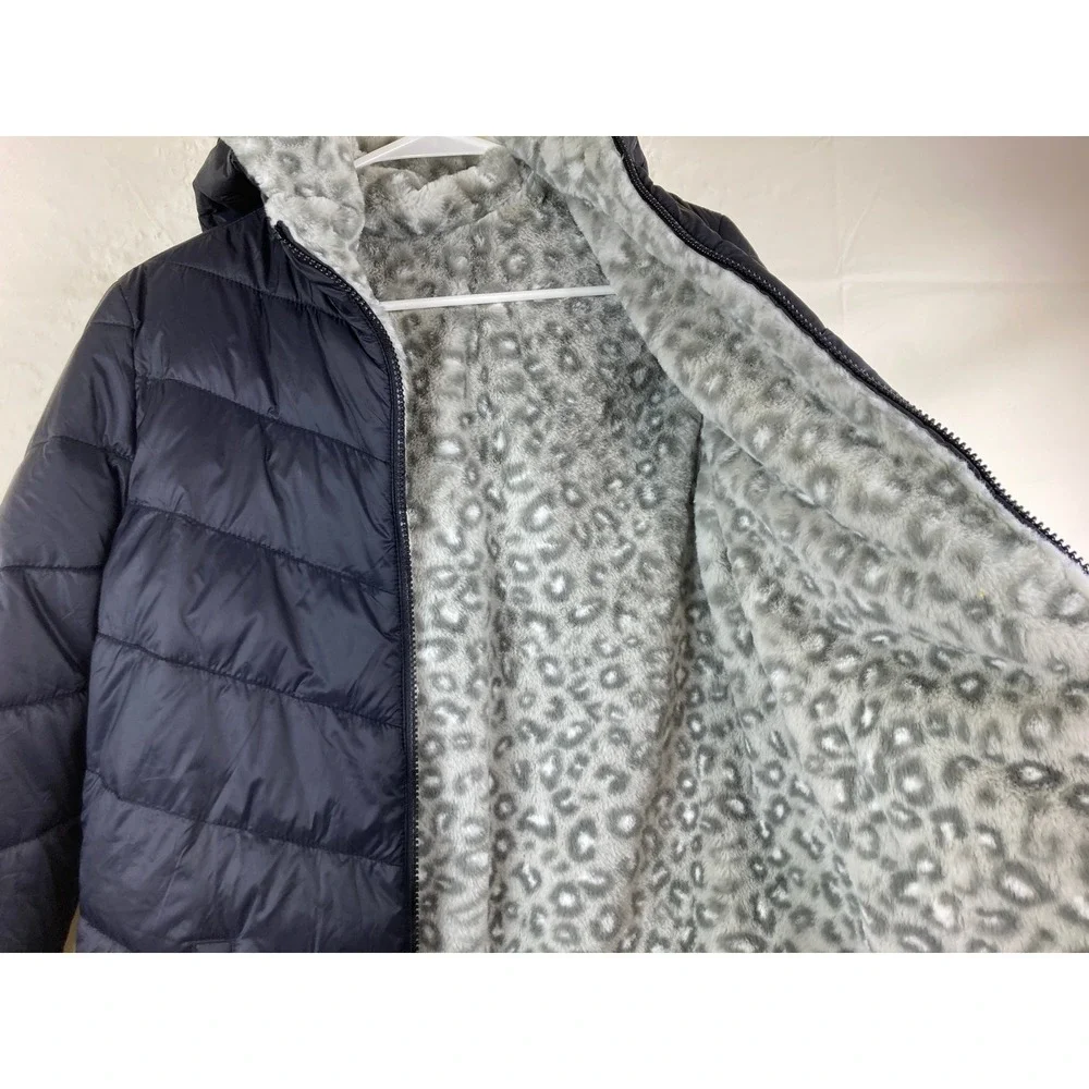 Abercrombie Girls Puffer Jacket Sz 15/16 Faux Fur Leopard Print Lined Hooded